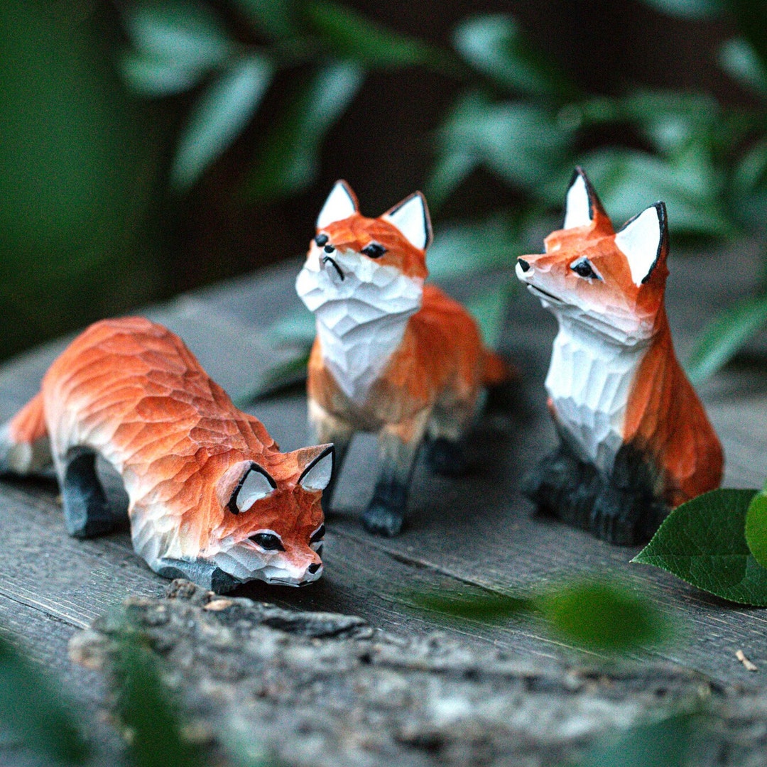 Handcarved Wooden Fox Figurine, Handcrafted & Painted With Detail