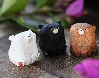 Hand Carved Bear Figurines, Miniature Woodland Animals, Rustic Home Decor, Father’s Day Gift for Nature Lovers, Detailed Wood Carving