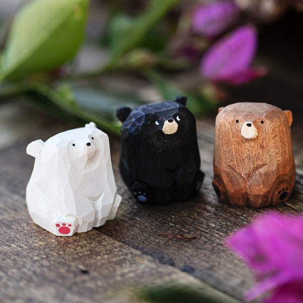 Figuras de oso talladas a mano, animales del bosque en miniatura, decoración rústica para el hogar, regalo del Día de la Madre para amantes de la naturaleza, tallado en madera detallado.