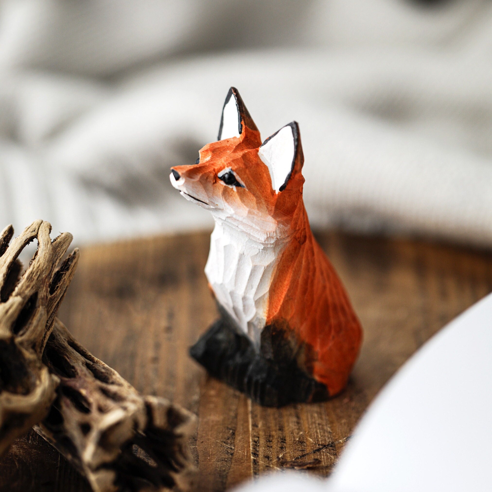 Miniature Wooden Fox Figurine Hand-carved, Cute Handmade Christmas