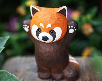 Hand-Carved Red Panda Figurine – Wooden Animal Sculpture – Wildlife Decor – Handmade Red Panda Gift – Nature Lover Collectible