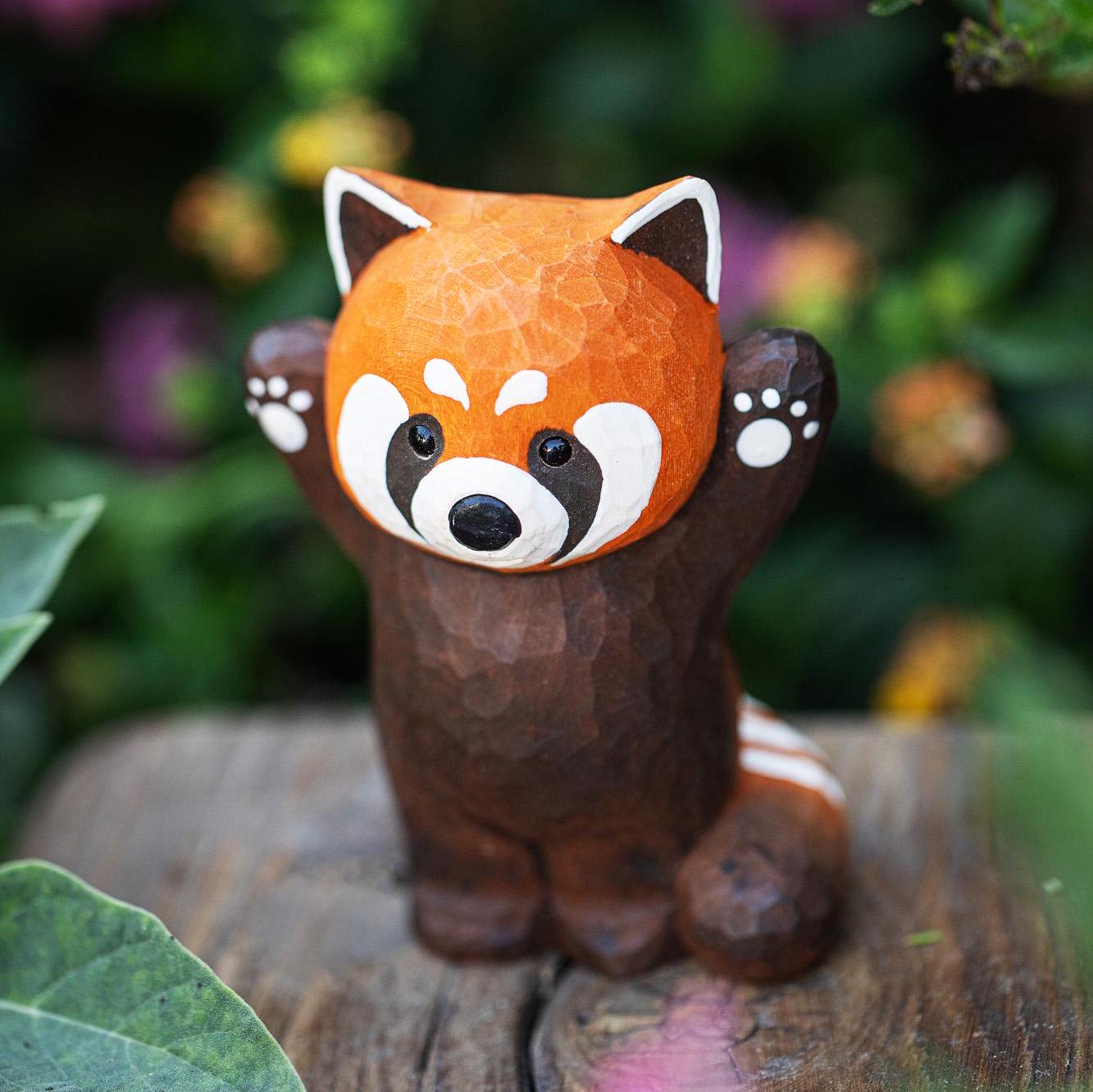 置物 handmade Hand-carved Red Panda Figurine, Wooden Wildlife Decor, Mother's