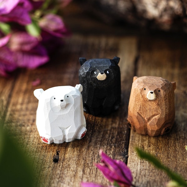 Miniature Wood Bears Hand Carved, Detailed Rustic Home Decor, Charming Woodland Animal Figurines, Unique Handmade Gift