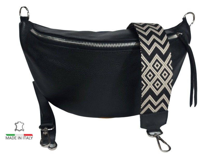 Fanny pack leather XXL, ladies crossbody bag with changing strap, beautiful slingbag hipbag black extra large Wave