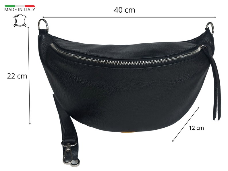 Fanny pack leather XXL, ladies crossbody bag with changing strap, beautiful slingbag hipbag black extra large Schwarz