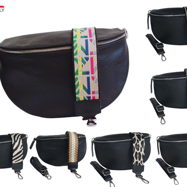 Fanny pack leather large, ladies crossbody bag with changeable strap, beautiful fbum bag black XL