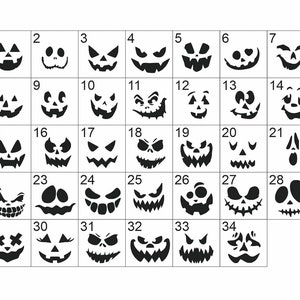 May include: A grid of 34 black and white images of different jack-o'-lantern faces. Each image is numbered from 1 to 34.