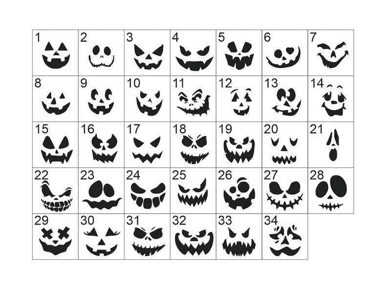 May include: A grid of 34 black and white images of different jack-o'-lantern faces. Each image is numbered from 1 to 34.