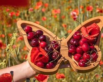 Oak Wood Plate Butterfly, Wooden Serving Board for Foods, Home Decor, Gift for she