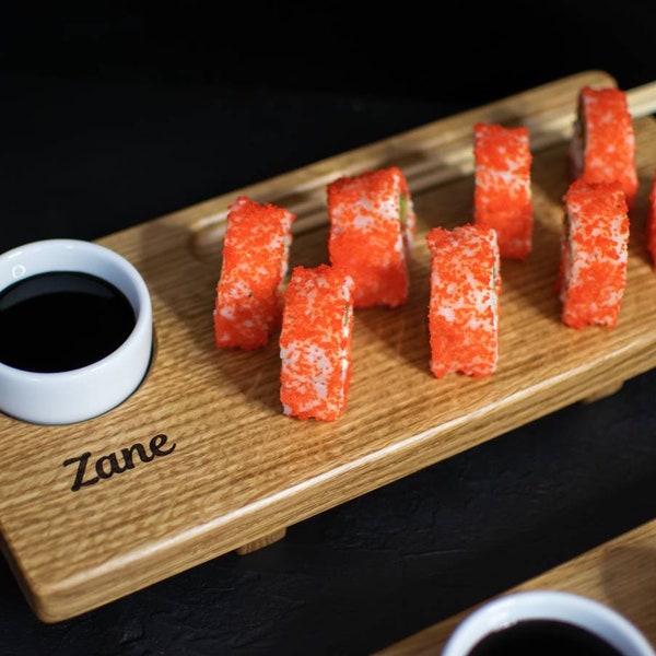 Custom personalised Oak sushi plate with sauce bowl, Engraved sushi board, Sushi lovers, Handmade Japanese style sushi board