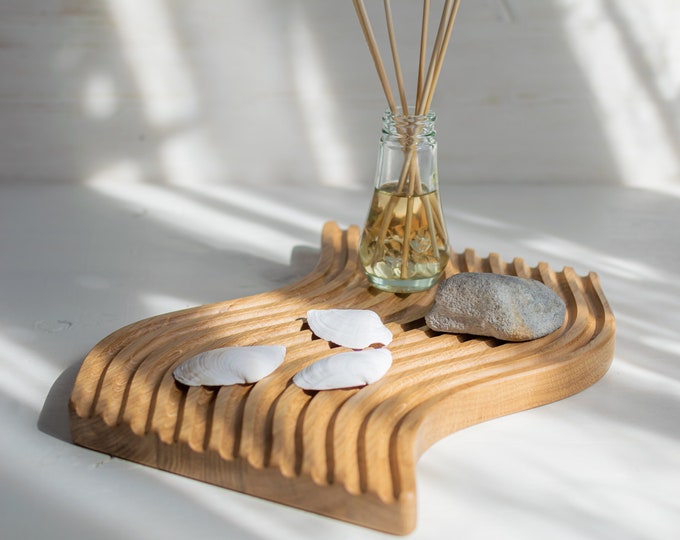 Unique Gift for Her – Boho Wooden Tray – Wavy Oak Decorative Coffee Table Tray – Housewarming Gift