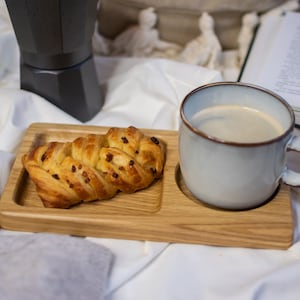 Small coffee serving tray for bed, Natural wood serving plate for drink