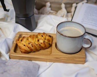 Small coffee serving tray for bed, Natural wood serving plate for drink