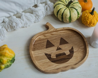 Handmade Wooden Halloween Plate - Pumpkin with Carved Jack-o'-Lantern Design