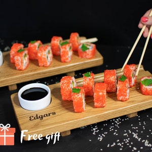 Two Person Engraved Sushi Board with Sauce Dishes, Handmade sushi set, Engraved sushi boards