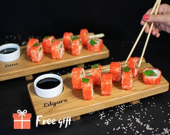 Two Person Engraved Sushi Board with Sauce Dishes, Handmade sushi set, Engraved sushi boards