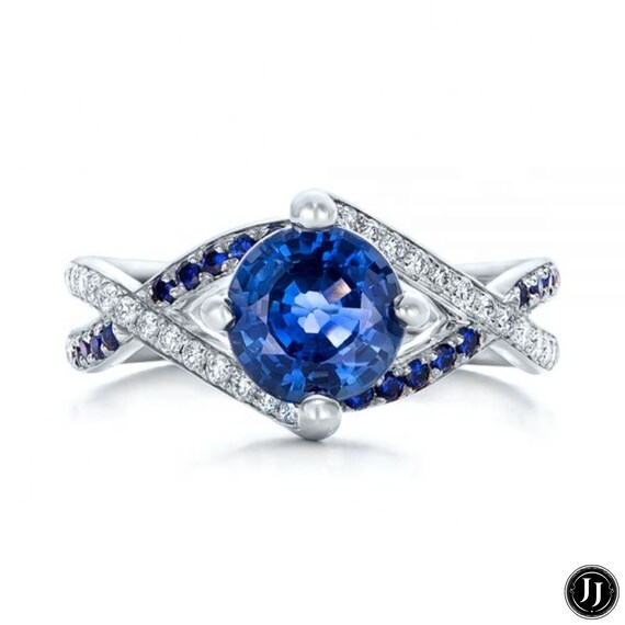 Round Blue Sapphire Ring 14K Gold Sapphire Engagement Ring Etsy