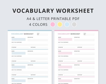 Vocabulary Worksheet Printable, Vocabulary Practice Sheet, Language Learning Template, Word Definition, Sentence, Synonym & Antonym, PDF