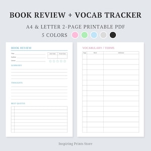 May include: Printable book review and vocabulary tracker template. The template has two pages, one for book review and one for vocabulary. The book review page has sections for title, author, genre, summary, thoughts, and best quotes. The vocabulary page has sections for page number, word, and definition. The template is available in five colors: pink, green, blue, gray, and black.