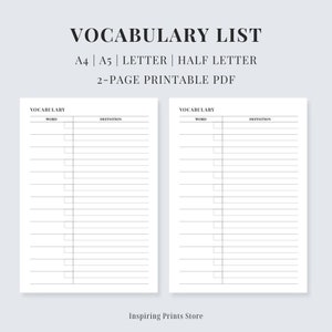 May include: Two-page printable PDF vocabulary list. The top of the page reads "VOCABULARY LIST" and includes size options: A4, A5, Letter, and Half Letter. Each page has sections for "WORD" and "DEFINITION". The bottom of the page reads "Inspiring Prints Store".