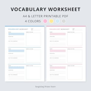 Vocabulary Worksheet Printable, Vocabulary Practice Sheet, Language Learning Template, Word Definition, Sentence, Picture, Vocabulary List