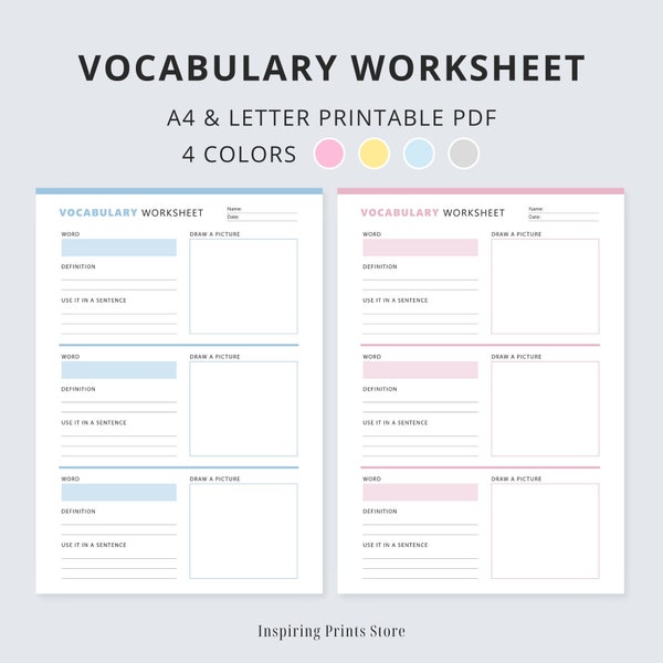 Vocabulary Worksheet Printable, Vocabulary Practice Sheet, Language Learning Template, Word Definition, Sentence, Picture, Vocabulary List