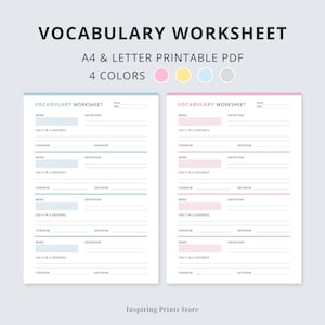 Vocabulary Worksheet Printable, Vocabulary Practice Sheet, Language Learning Template, Word Definition, Sentence, Synonym & Antonym, PDF