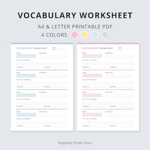 Vocabulary Worksheet Printable, Vocabulary Practice Sheet, Language Learning Template, Word Definition, Sentence, Synonym & Antonym, PDF