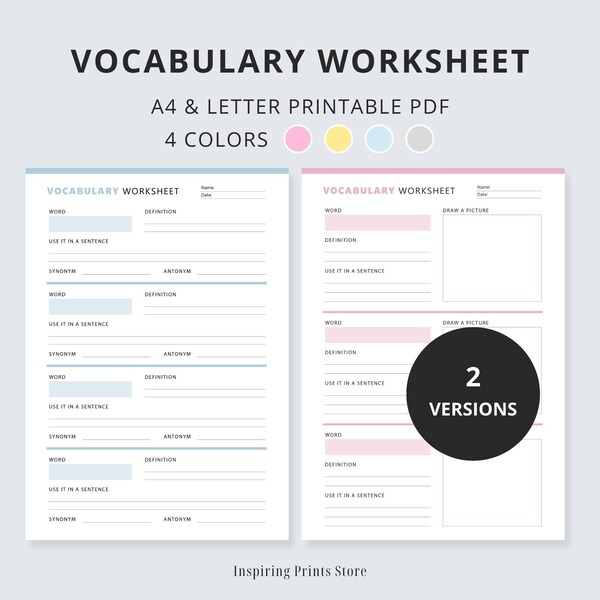 Printable Vocabulary Worksheet Pdf Template Etsy