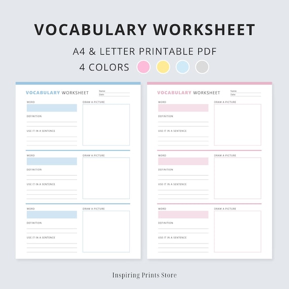 Vocabulary Worksheet Printable, Language Learning, Word Definition & Picture, Sentence, Colorful Template (PDF)