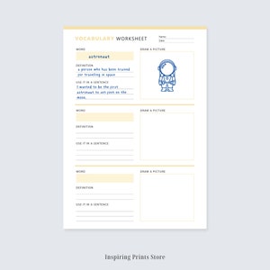 May include: A printable vocabulary worksheet with a yellow background and blue text. The worksheet has a section for the word "astronaut" with a definition and a sentence to use the word. There is also a space to draw a picture of an astronaut.