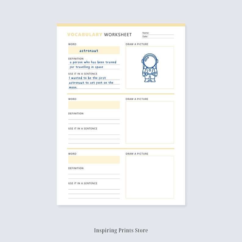 May include: A printable vocabulary worksheet with a yellow background and blue text. The worksheet has a section for the word "astronaut" with a definition and a sentence to use the word. There is also a space to draw a picture of an astronaut.