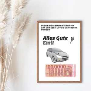 Geld cadeau voor een rijbewijs | Een miljoen als starthulp voor een auto | digitaal bestand DIN A4