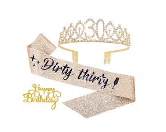 30th Birthday Tiara and Sash: Gold Rhinestone 'Dirty Thirty' Set