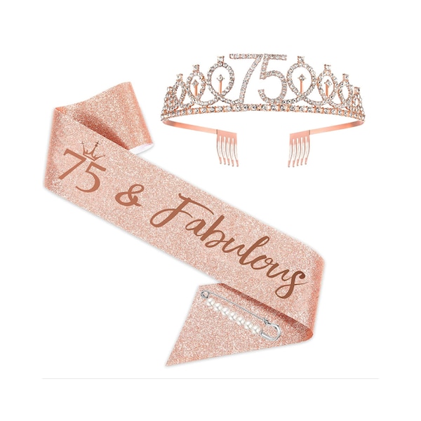 75th Birthday Tiara and Sash Rose Gold Woman 75th Birthday Party Favors Supplies Glitter Sash Crystal Rhinestone Birthday Crown Women Gift.