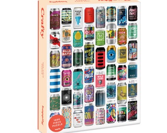 May include: A 1000 piece jigsaw puzzle featuring a colorful array of beer cans with various designs and names. The puzzle box is red and white with the word "Crafty" printed on it.