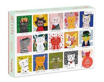 May include: A colorful puzzle box featuring artistic cat portraits. The box displays 15 unique cat illustrations in various styles, with the words "ART CATS" and "1000 PIECE PUZZLE" visible. The brand name "happily" is also displayed.