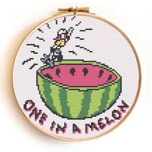 May include: A cross-stitch embroidery hoop featuring a watermelon and a cartoon character. The text "One in a melon" is stitched in pink at the bottom of the hoop.