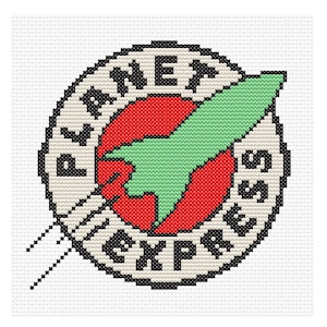 Può includere: Un disegno a punto croce con il logo Planet Express di Futurama. Il design include un cerchio rosso con un razzo verde, circondato da un ovale color crema con le parole "Planet Express" in nero.