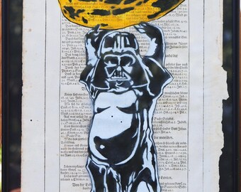 Banana Enlightenment – Boeddha met iconisch sciencefictionmasker op een authentieke Bijbelpagina uit 1691 (Sjabloonkunst, uniek stuk)