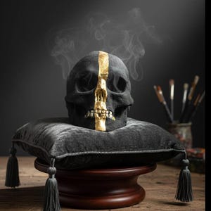 May include: A black skull with a gold central stripe, displayed on a dark grey velvet cushion with tassels. The skull rests on a wooden stand, with smoke rising. Paintbrushes are visible in the background.