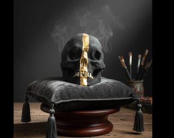 Golden Fracture – Betonnen schedelsculptuur met kunstmatige gouden strepen | Handgemaakt uniek stuk van LEXARTIKEL