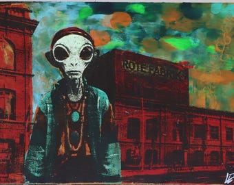 Alien at the Red Factory – Gelli print, monoprint op A4, handgeschilderd