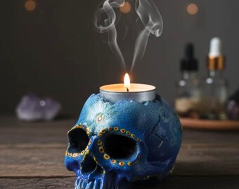 Blue Soul – Handbeschilderde schedel als waxinelichthouder