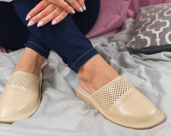 Openwork vrouwen slippers natuurlijk en ECO leer, handgemaakte schoenen voor de zomer cadeau