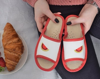 Children Slippers Watermelon Embroidery, Cute Comfortable Shoes for Kids with Pattern, Sewn in Poland Slippers for Girls
