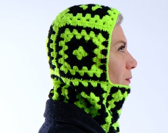 Crochet Balaclava, Granny Square Balaclava, Handmade Colorful Balaclava, Hand Knitted Black and Green Balaclava, Crochet Winter Hat