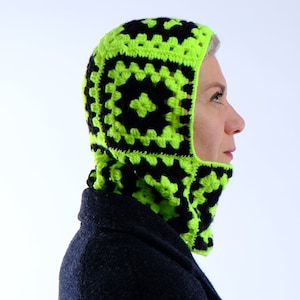 Crochet Balaclava, Granny Square Balaclava, Handmade Colorful Balaclava, Hand Knitted Black and Green Balaclava, Crochet Winter Hat