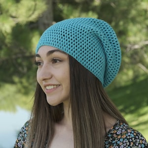 Knitted Crochet Summer Slouchy Beanie, Mens and Women Boho Hippie Clothing, Slightly Slouchy Hat, Baggy Beanie, Linen Summer Beanie