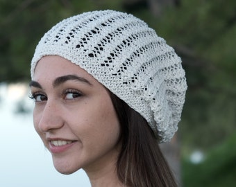 Knitted Crochet Summer Slouchy Beanie, Mens and Women Boho Hippie Clothing, Slightly Slouchy Hat, Baggy Beanie, Linen Summer Beanie